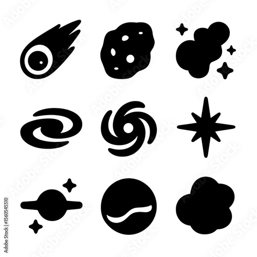 Deep Space Icons. Solid, filled icon set of deep space objects: comet, asteroid, nebula, black hole, galaxy swirl, distant star,