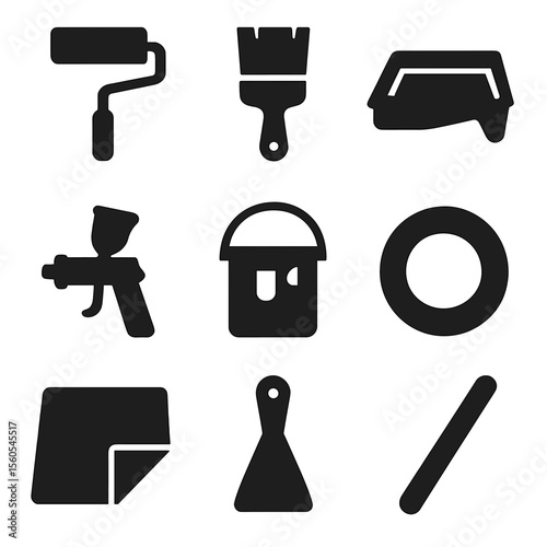 Painting Tools Icons. Solid, filled icon set of painting supplies: paint roller, paint brush, paint tray, spray gun, paint bucket,