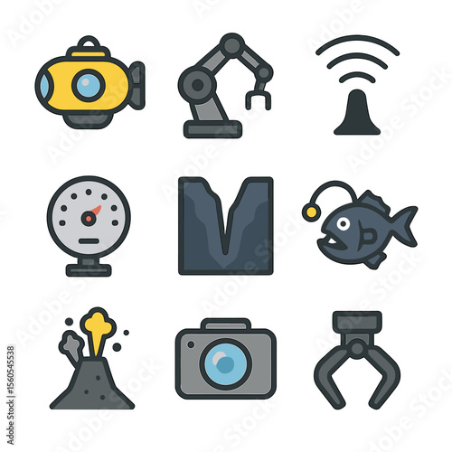 Deep-Sea Exploration Icons. Flat icon set of deep-sea exploration: submersible, ROV arm, sonar wave, pressure gauge, deep trench,