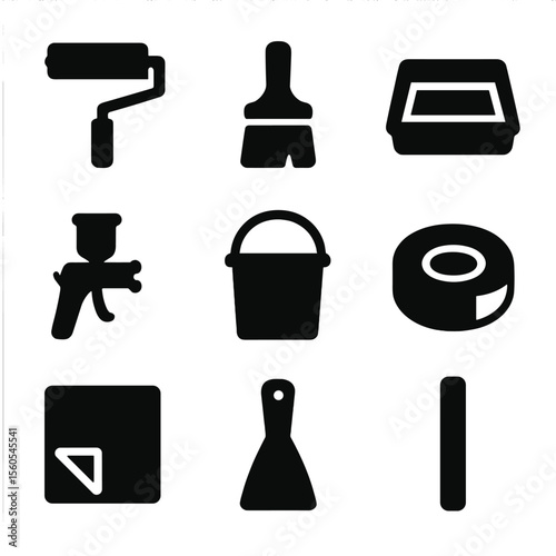 Painting Tools Icons. Solid, filled icon set of painting supplies: paint roller, paint brush, paint tray, spray gun, paint bucket,