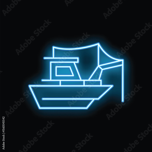 Blue neon sign of a fishing boat is glowing on a black background