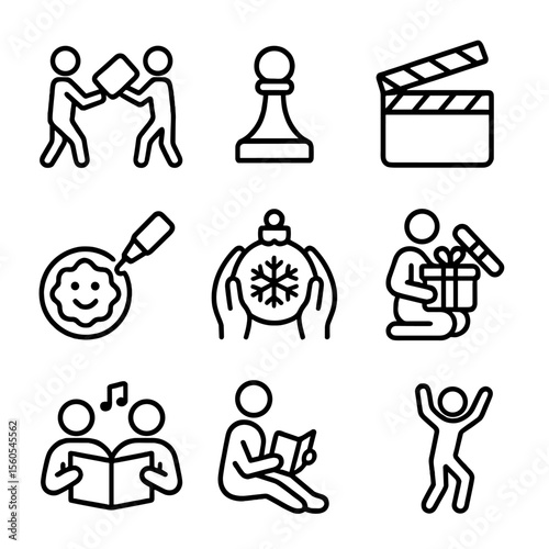 Pajama Party Icons. Outline icon set of pajama party activities: pillow fight, board game piece, movie clapperboard, cookie