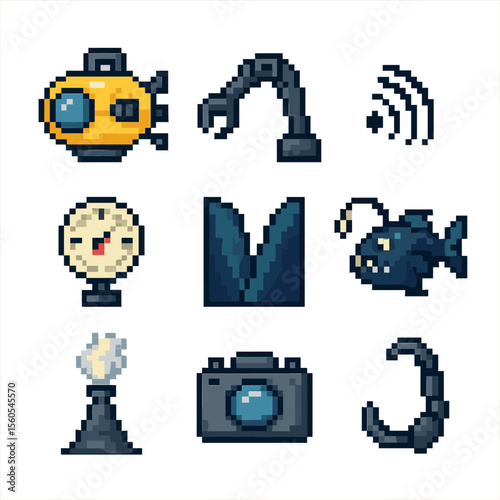 Deep-Sea Exploration Icons. Pixel art icon set of deep-sea exploration: submersible, ROV arm, sonar wave, pressure gauge, deep