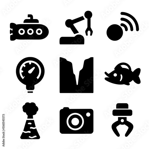 Deep-sea Exploration Icons. Solid, Filled icon set of deep-sea exploration: submersible, ROV arm, sonar wave, pressure gauge, deep