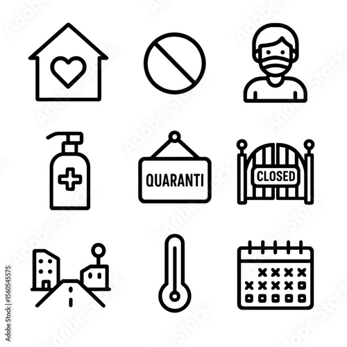 Pandemic Lockdown Icons. Outline icon set of pandemic lockdown isolation: house silhouette with heart closed window, no entry sign