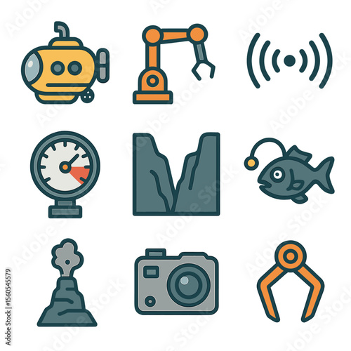 Deep-Sea Exploration Icons. Flat icon set of deep-sea exploration: submersible, ROV arm, sonar wave, pressure gauge, deep trench,