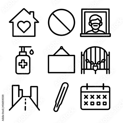Pandemic Lockdown Icons. Outline icon set of pandemic lockdown isolation: house silhouette with heart closed window, no entry sign