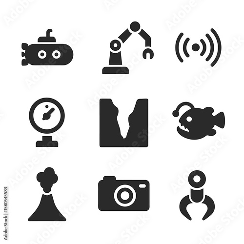 Deep-sea Exploration Icons. Solid, Filled icon set of deep-sea exploration: submersible, ROV arm, sonar wave, pressure gauge, deep