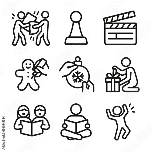 Pajama Party Icons. Outline icon set of pajama party activities: pillow fight, board game piece, movie clapperboard, cookie