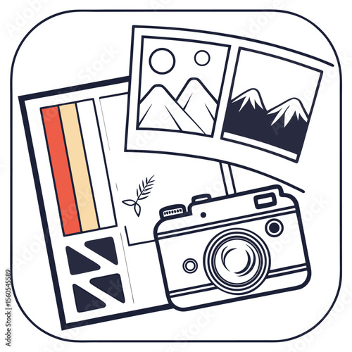 Illustration of a camera with photos and a color palette in a rounded square frame design style