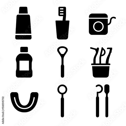 Dental Hygiene Icons. Solid, filled icon set of daily dental hygiene tools with holders: toothpaste, toothbrush, floss, mouthwash