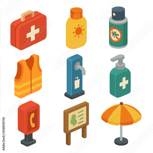 Park Safety Icons. Isometric Flat icon set of safety and first aid in the park: first aid kit, sunscreen bottle, insect repellent