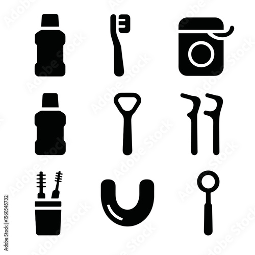 Dental Hygiene Icons. Solid, filled icon set of daily dental hygiene tools with holders: toothpaste, toothbrush, floss, mouthwash