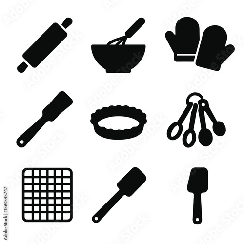 Pastry Tools Icons. Solid, filled icon set of pastry and baking tools: rolling pin, mixing bowl, whisk, oven mitts, pastry brush,