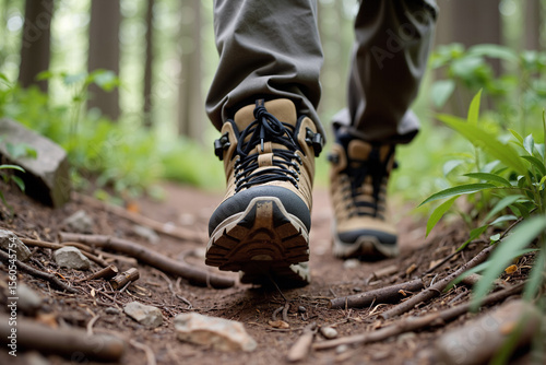 Close-up of hiking boots trekking on a rugged forest trail covered with tree roots, representing the spirit of outdoor adventure, walking in nature, physical activity, and exploring the wilderness
