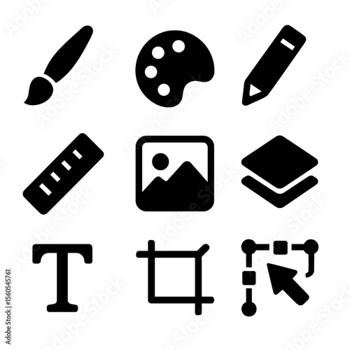 Design Tools Icon Set. Solid, filled icon set of creativity and design apps: paintbrush, color palette, pencil, ruler, photo
