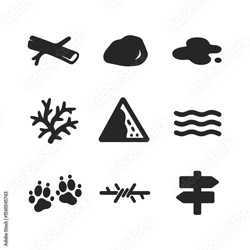 Path Obstacle Icons. Solid, filled icon set of path obstacles: fallen tree, rock, mud puddle, thorn bush, slippery slope, river