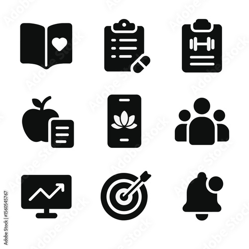 Patient Empowerment Icons. Solid, filled icon set of patient empowerment tools: health journal, medication schedule, fitness plan,