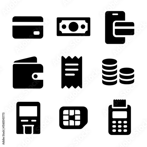 Payment Icons Grid. Solid, filled icon set of payment methods: credit card, cash bills, mobile payment, wallet, receipt, coin