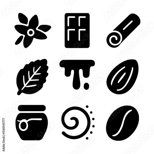 Dessert Flavor Icons. Solid, filled icon set of dessert flavors and scents: vanilla flower, chocolate bar, cinnamon stick, mint