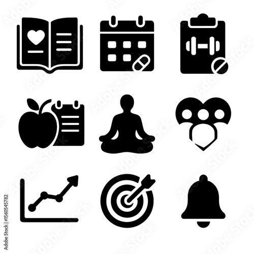 Patient Empowerment Icons. Solid, filled icon set of patient empowerment tools: health journal, medication schedule, fitness plan,