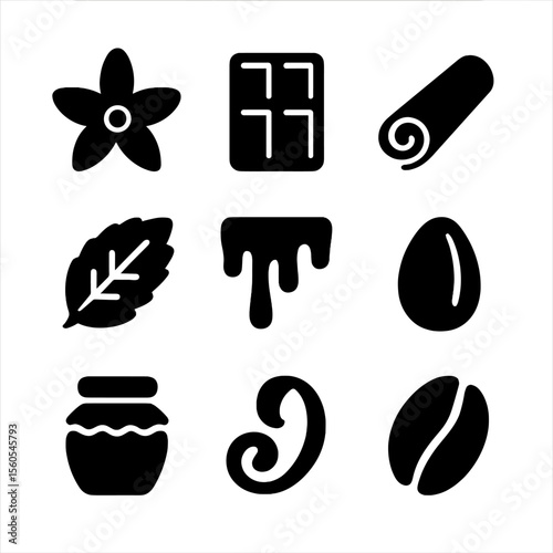Dessert Flavor Icons. Solid, filled icon set of dessert flavors and scents: vanilla flower, chocolate bar, cinnamon stick, mint