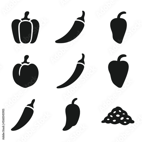 Pepper Icon Grid. Solid, filled icon set of pepper varieties: bell pepper, chili pepper, jalapeño, habanero, cayenne, poblano,