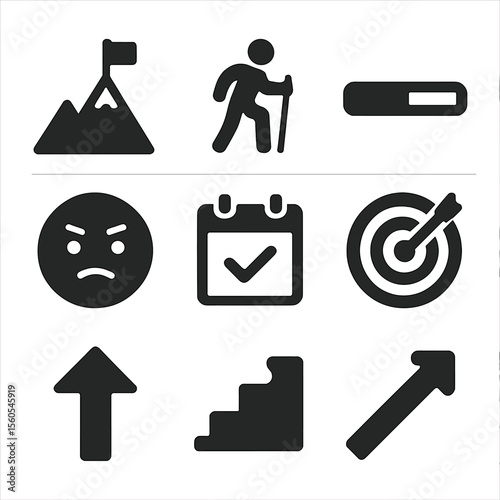 Persistence Icons Set. Solid, filled icon set of achieving goals through persistence: mountain peak, flag on summit, climber,