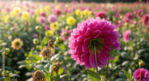 Vibrant pink dahlia blooming in a sun-drenched field of flowers