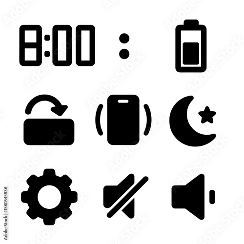 Digital Clock Icons. Solid, filled icon set of digital clock interfaces: LED digits, colon separator, battery indicator, time zone
