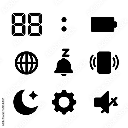 Digital Clock Icons. Solid, filled icon set of digital clock interfaces: LED digits, colon separator, battery indicator, time zone