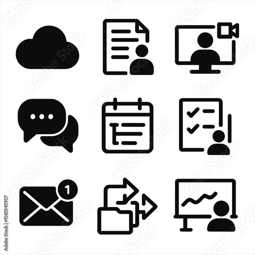Digital Collaboration Icons. Solid, filled icon set of digital collaboration: cloud storage, shared document, video conference,