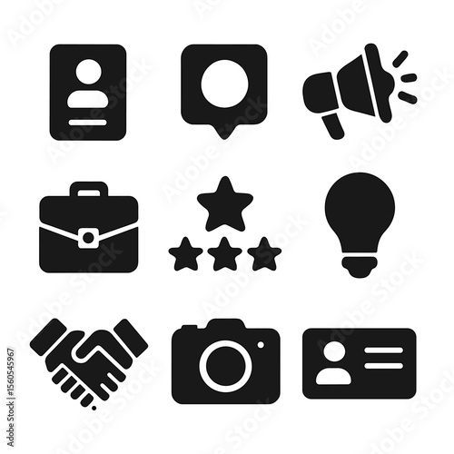Personal Branding Icons. Solid, filled icon set of personal branding: profile badge, social media, megaphone, portfolio, star