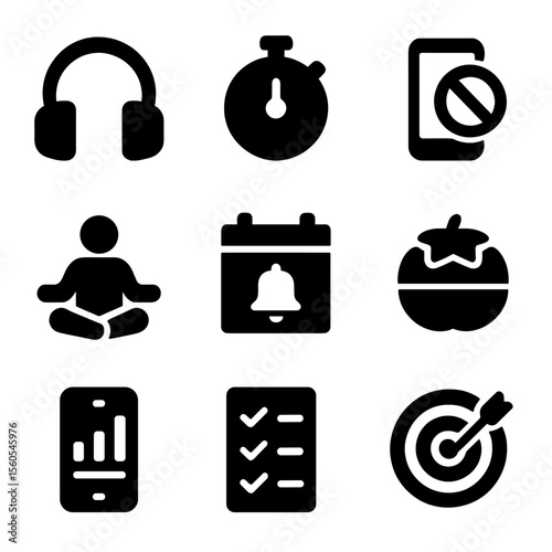 Digital Focus Icons. Solid, filled icon set of digital focus aids: noise canceling headphones, focus timer, app blocker,