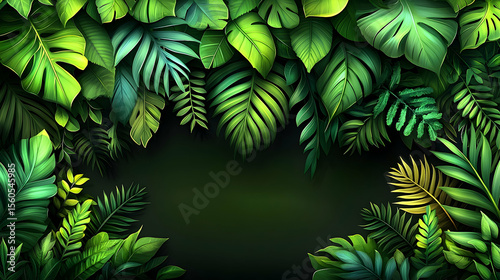 Lush green tropical leaves frame dark background botanical illustration