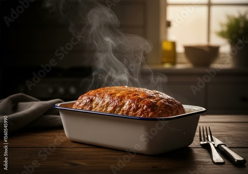 A steaming meatloaf fresh from the oven in a loaf pan, rustic still life, eye-level shot, moody lighting, food