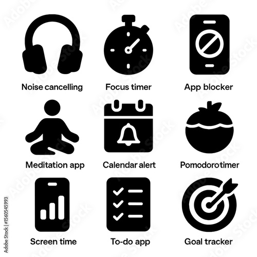 Digital Focus Icons. Solid, filled icon set of digital focus aids: noise canceling headphones, focus timer, app blocker,
