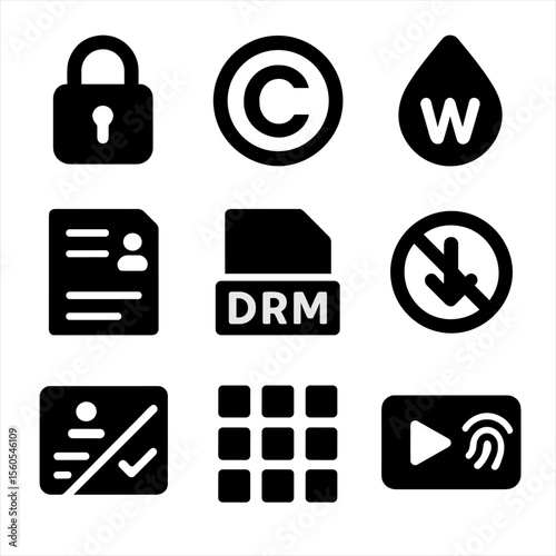 Digital Rights Icons. Solid, filled icon set of digital rights management: lock icon, copyright symbol, watermark badge, usage