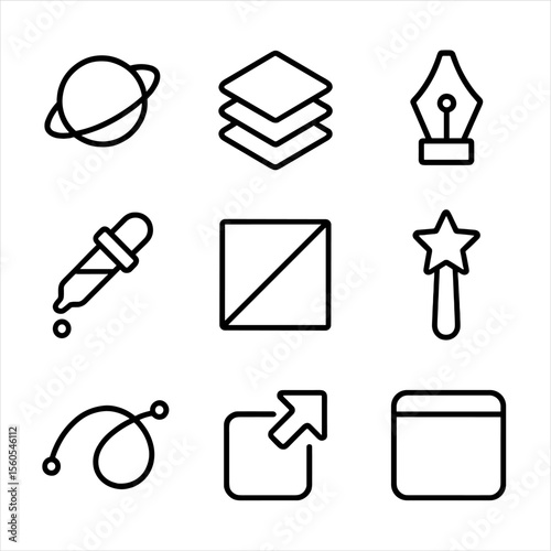 Digital Tools Icon Set. Outline icon set of digital illustration templates: vector planet icon, layer panel, pen tool tip, color