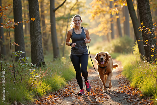 athletic woman jogs with her golden retriever dog on a scenic trail through an autumn forest, representing a healthy lifestyle, the joy of running, and the special bond between a pet and its owner