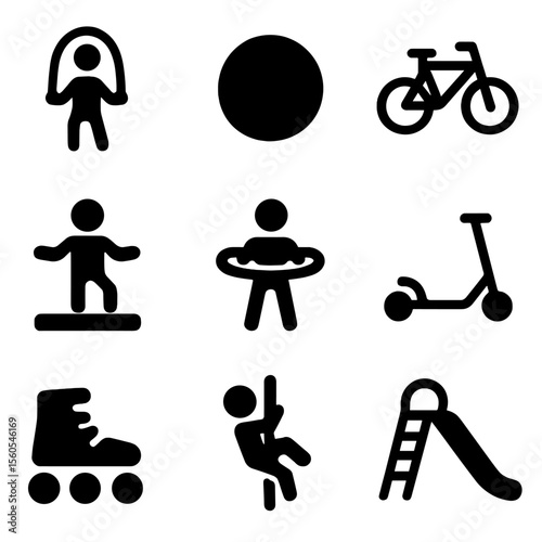Physical Activity Icons. Solid, filled icon set of physical and motor skills activities: jump rope, ball, bicycle, balance beam,