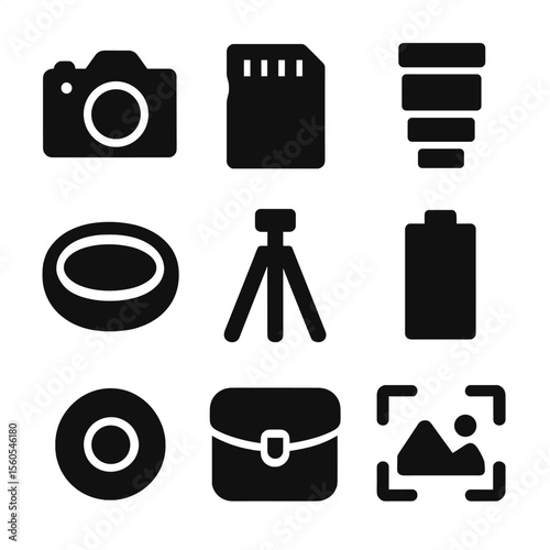 Photography Icon Grid. Solid, filled icon set of photography in nature: DSLR camera, memory card, lens, filter, tripod, battery,
