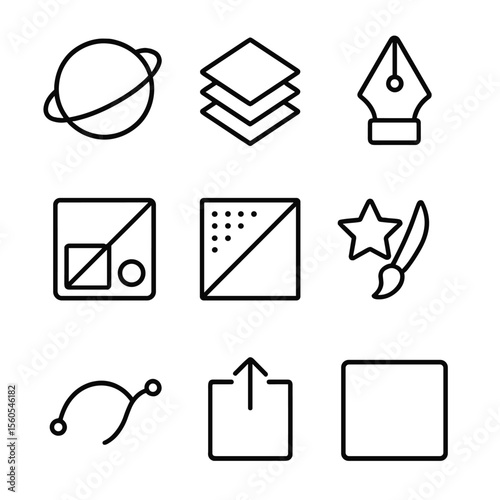 Digital Tools Icon Set. Outline icon set of digital illustration templates: vector planet icon, layer panel, pen tool tip, color