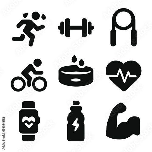 Physical Exertion Icons. Solid, filled icon set of physical exertion and sweating: running figure, gym weights, jump rope, cycling