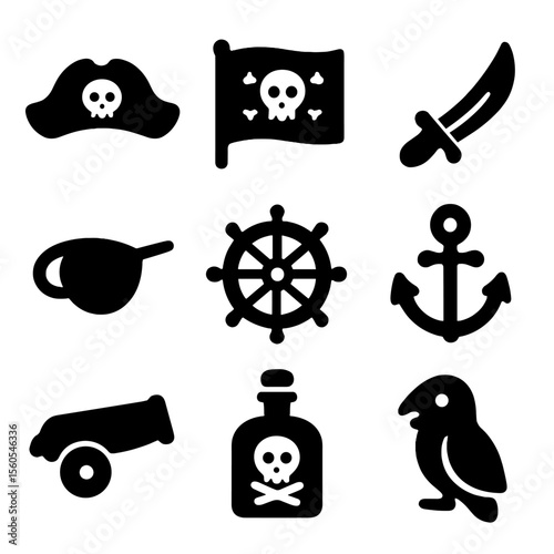 Pirate Treasure Icons. Solid, filled icon set of pirate-themed treasure hunts: pirate hat, skull flag, cutlass, eye patch, ship