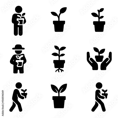 Plant Care Icons. Solid, filled icon set of carrying a plant in a pot: person holding potted plant, small sapling in pot, hand