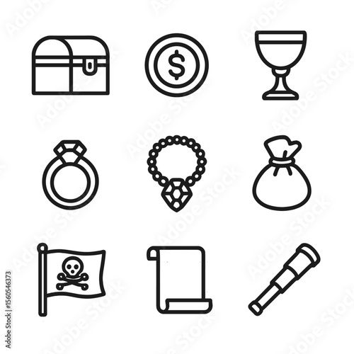 Pirate Treasure Icons. Outline icon set of pirate loot items: treasure chest, gold doubloon, silver goblet, ruby ring, emerald