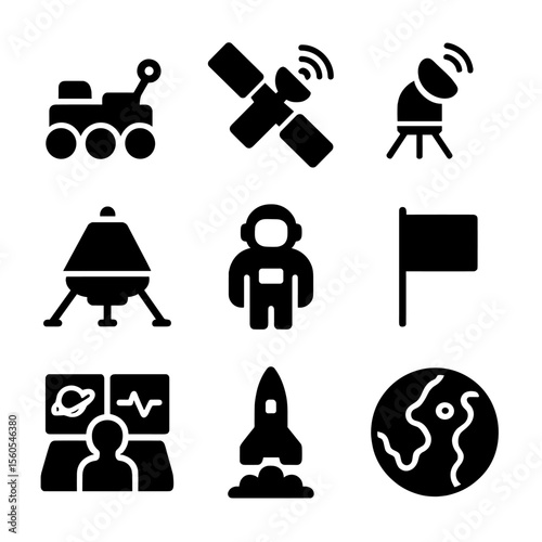 Planetary Icons Collection. Solid, filled icon set of planetary exploration missions: rover, satellite, space probe, lander,