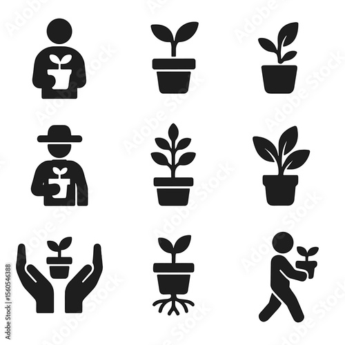 Plant Care Icons. Solid, filled icon set of carrying a plant in a pot: person holding potted plant, small sapling in pot, hand