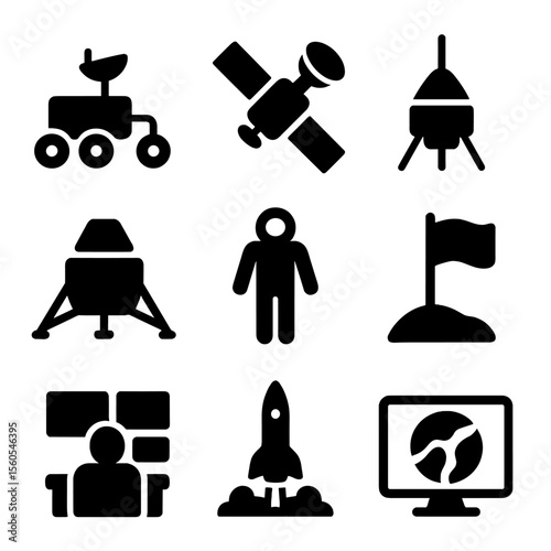 Planetary Icons Collection. Solid, filled icon set of planetary exploration missions: rover, satellite, space probe, lander,